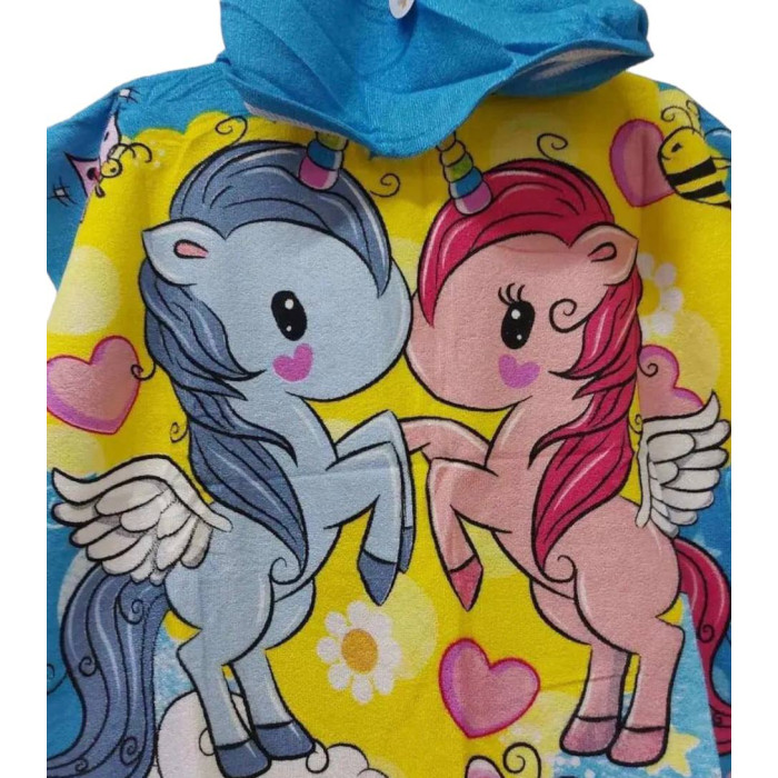 Дитячий пляжний рушник, пончо з капюшоном, з мікрофібри, 120х60см, два єдинороги