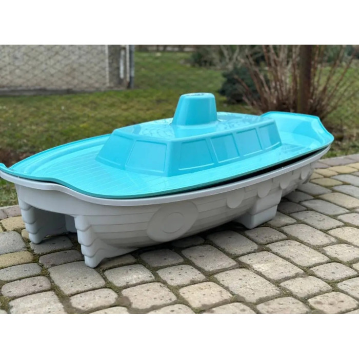 Дитяча пісочниця у формі "Корабля" з кришкою, пластикова, велика для дітей, бірюзово-сіра