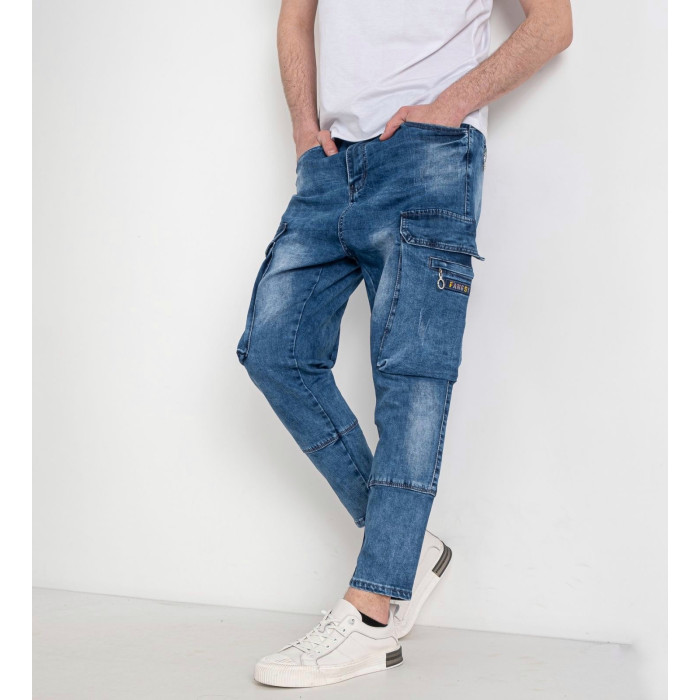 Чоловічі якісні джинси з кишенями "карго", стрейч, повсякденні вільні в синьому кольорі, 28-36