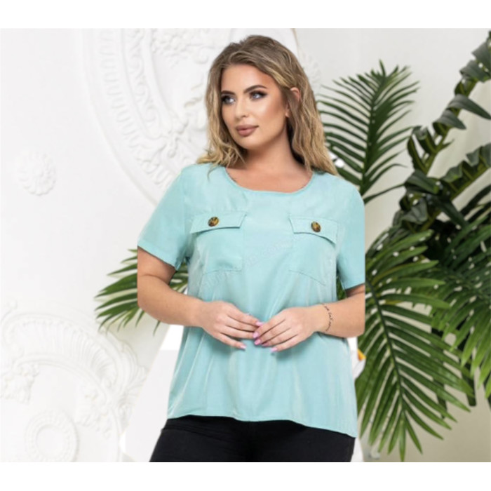 Жіноча блузка з двома кишенями, стильна вільного крою футболка, великих розмірів, бірюза, XХL