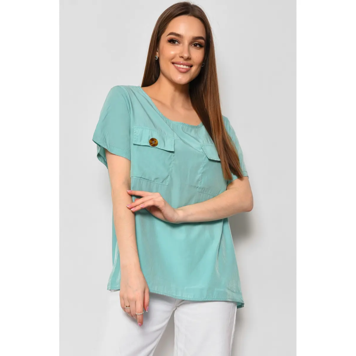 Жіноча блузка з двома кишенями, стильна вільного крою футболка, великих розмірів, бірюза, XХL