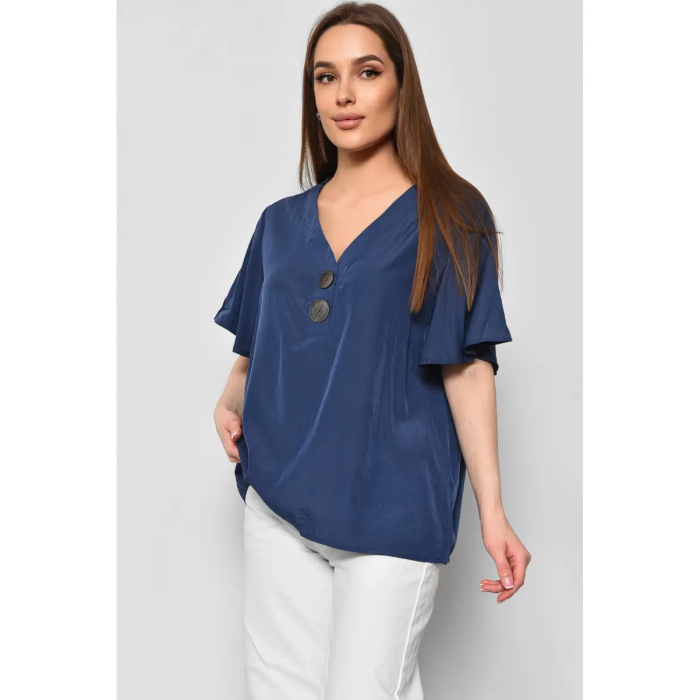 Жіноча блузка з двома гудзиками, стильна вільного крою футболка, синій, ХL