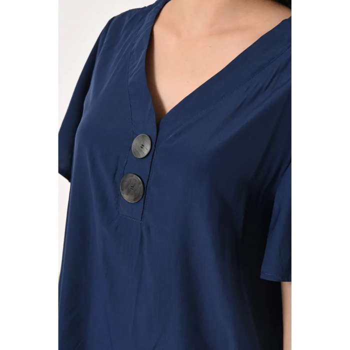 Жіноча блузка з двома гудзиками, стильна вільного крою футболка, синій, ХL
