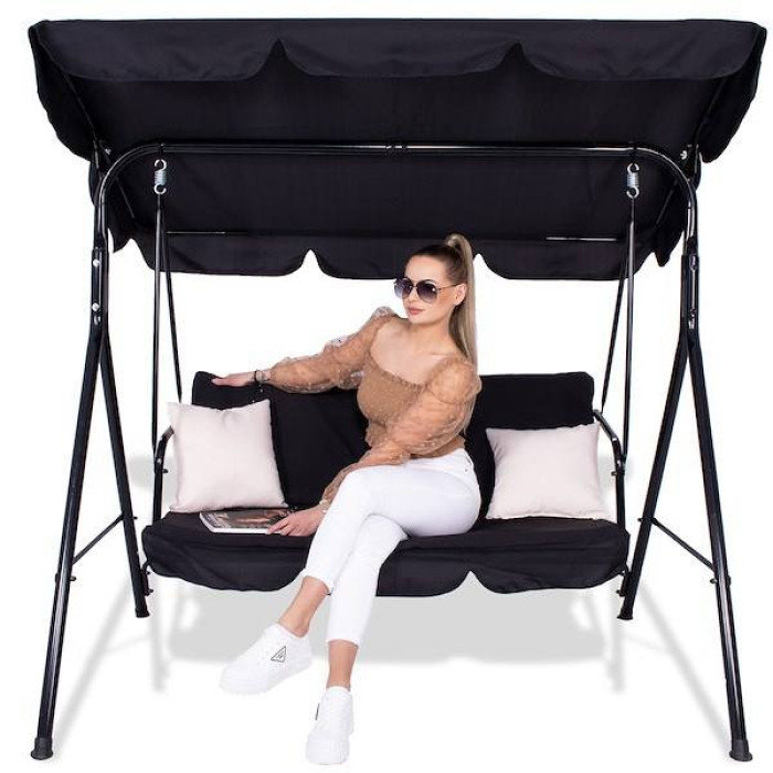 Садова качеля з навісом, 3-місна, 260 кг, гойдалка для дачі саду відпочинку в чорному кольорі