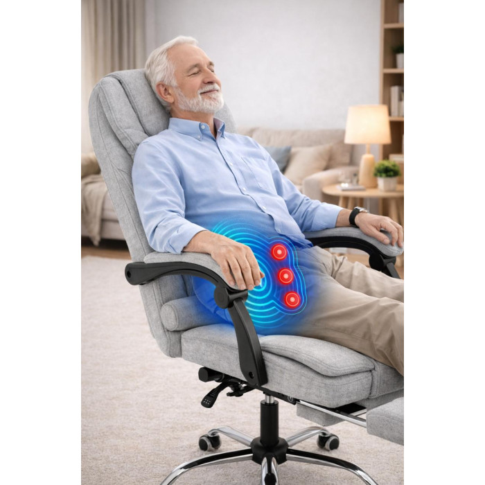 Офісне крісло BOSS Comfort з підставкою та масажем, до 130 кг, комп’ютерне, спинка 90–155°, для дому, офісу, світло-сірий
