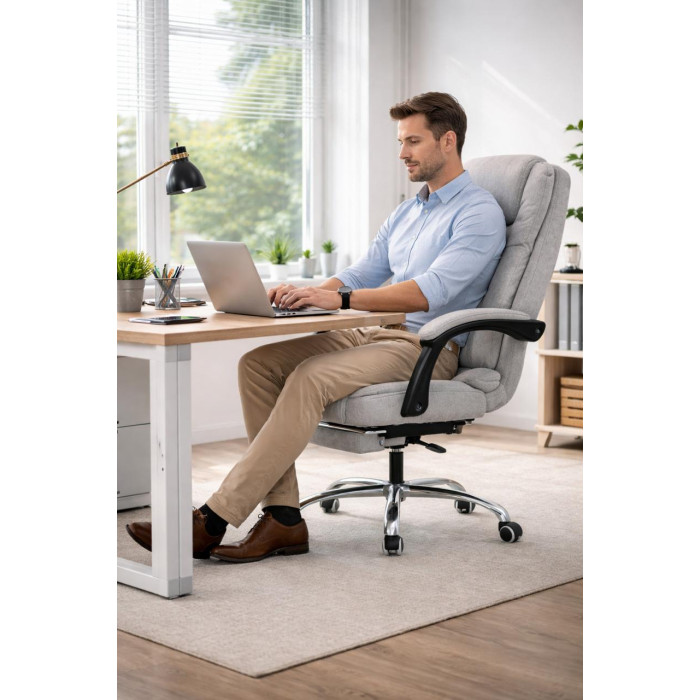 Офісне крісло BOSS Comfort з підставкою та масажем, до 130 кг, комп’ютерне, спинка 90–155°, для дому, офісу, світло-сірий