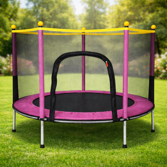 Батут дитячий Fitonix SafeJump 140 см із сіткою безпеки та 6 ніжками, рожевий, міцний батут для активних ігор дітей