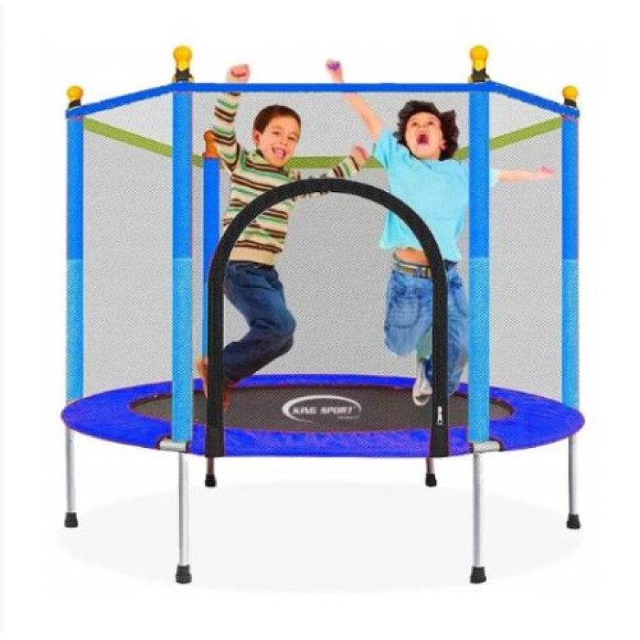 Батут дитячий Fitonix SafeJump 140 см із сіткою безпеки та 6 ніжками, синій, міцний батут для активних ігор дітей