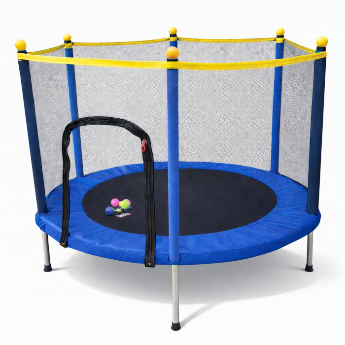 Батут дитячий Fitonix SafeJump 140 см із сіткою безпеки та 6 ніжками, синій, міцний батут для активних ігор дітей