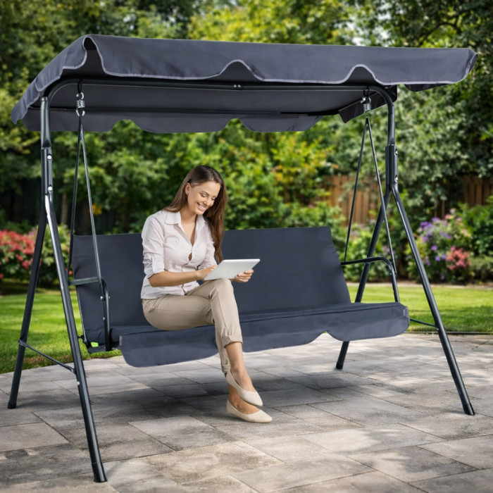 Садова гойдалка 3-місна з матрацом+подушечки декоративні 2 шт, гойдалка для саду/дачі, до 260 кг