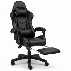 Геймерське крісло ThroneX з масажною подушкою, підставкою для ніг та регулюванням спинки 155°, до 130 кг, стильне, чорне, для студентів, молоді, геймерів