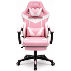 Геймерське крісло ThroneX рожево-біле з масажною подушкою, підставкою для ніг та регулюванням спинки 155°, до 130 кг, для студентів, молоді, геймерів