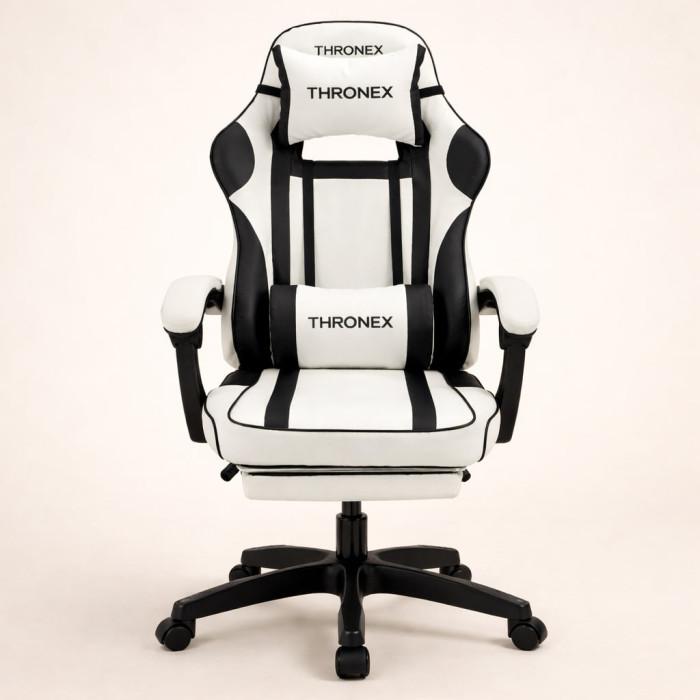 Геймерське крісло ThroneX Relax Pro з масажною подушкою та підніжкою, до 130 кг, біло-чорне для офісу, квартири, дому