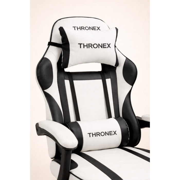 Геймерське крісло ThroneX Relax Pro з масажною подушкою та підніжкою, до 130 кг, біло-чорне для офісу, квартири, дому