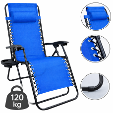 Шезлонг Zero Gravity складний з підстаканником до 120 кг, синій, крісло-лежак для дачі, саду та відпочинку