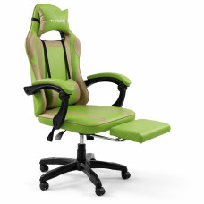 	 Геймерське крісло ThroneX до 130 кг, комп'ютерне з масажною подушкою USB і підставкою для ніг, салатово-бежеве PVC для дому