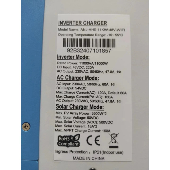 Гібридний інвертор Anenji  11 кВт ANJ-HHS-11KW-48V-WIFI, 48 В, з Wi-Fi, з MPPT, для сонячних систем, будинку та офісу