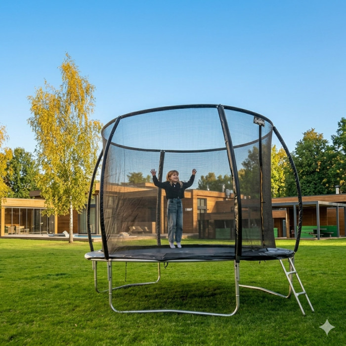 Батут із внутрішньою захисною сіткою 252 см (8FT) чорний, садовий до 100 кг, чорний дитячий зі сходами