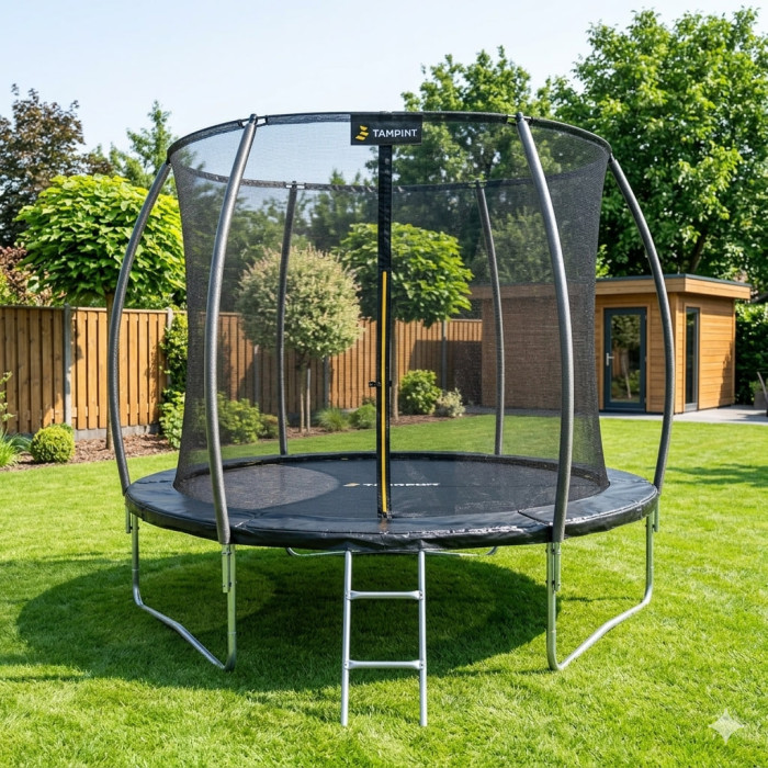 Батут із внутрішньою захисною сіткою 252 см (8FT) чорний, садовий до 100 кг, чорний дитячий зі сходами