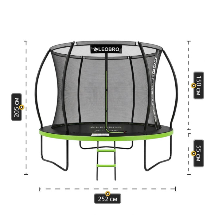 Батут 252 см із внутрішньою сіткою Premium Pro 8FT GREEN посилений каркас, сходи, безпечний дитячий батут для дачі