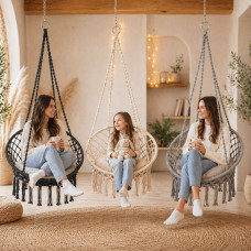Підвісне крісло-гойдалка з м'якою подушкою, Boho XL 80 см макраме до 150 кг, плетене, для дому, саду, балкона